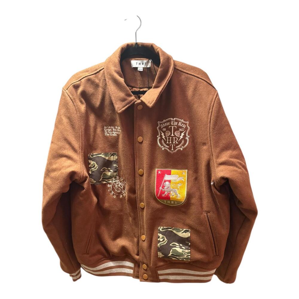 THRT Brown Wool Blend Varsity Jacket with Embroidered Patch